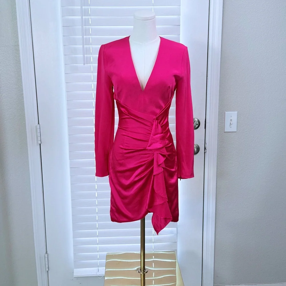 HANEY Lilly 100% Silk Mini Dress Hot Pink Draped Ruffle V-Neck Cocktail Size 0